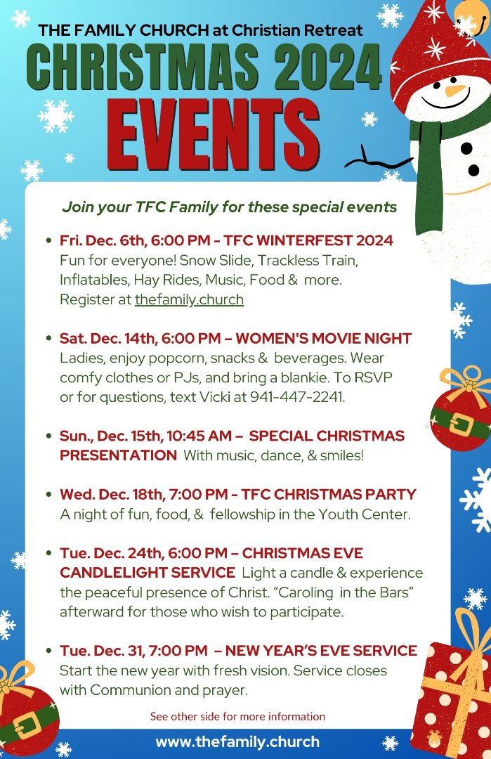 Christmas Events Flyer for The Family Church at Christian Retreat